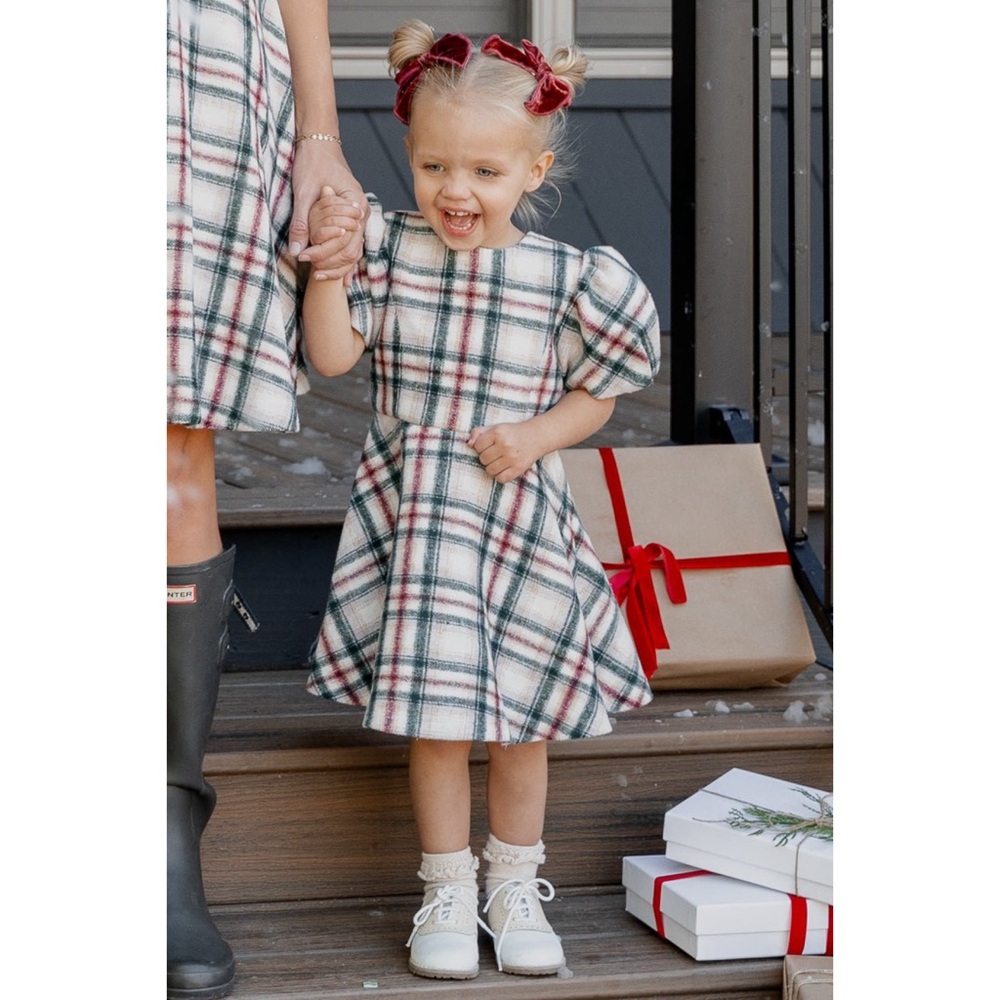 Ivy City Co Girls Plaid Puff-Sleeve Dress in Ivory, Green & Red
